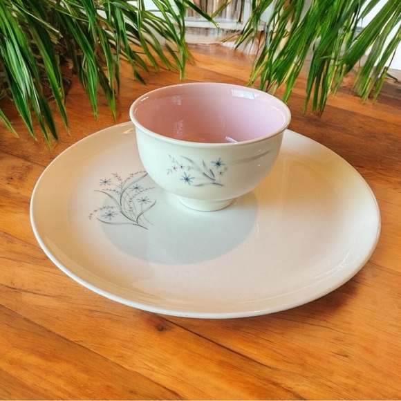 Vintage Taylor Smith Taylor Serving Plate & Bowl Set – Pink Interior, Floral - Picture 1 of 13